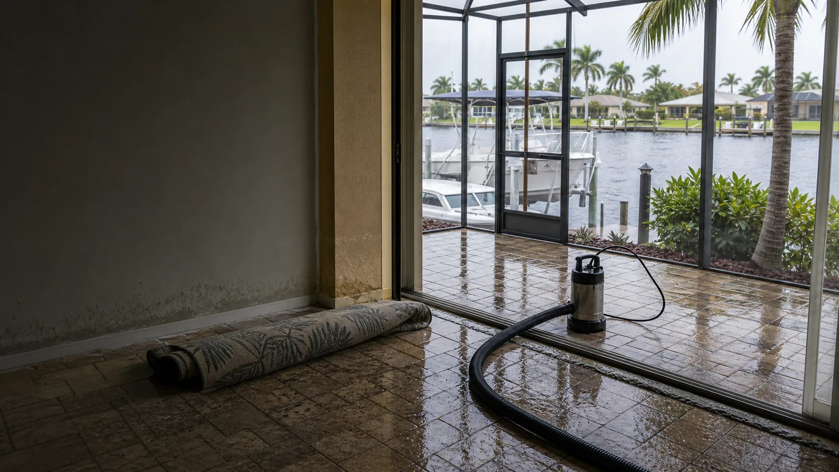 Water damage cleanup equipment inside a Cape Coral canal-front home