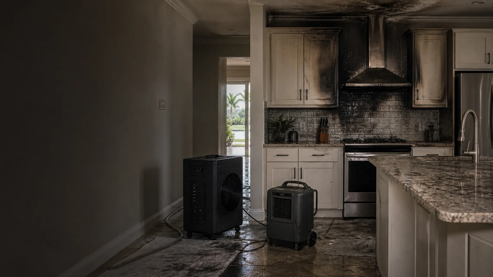 Soot and firefighting water damage with restoration equipment in a Fort Myers kitchen