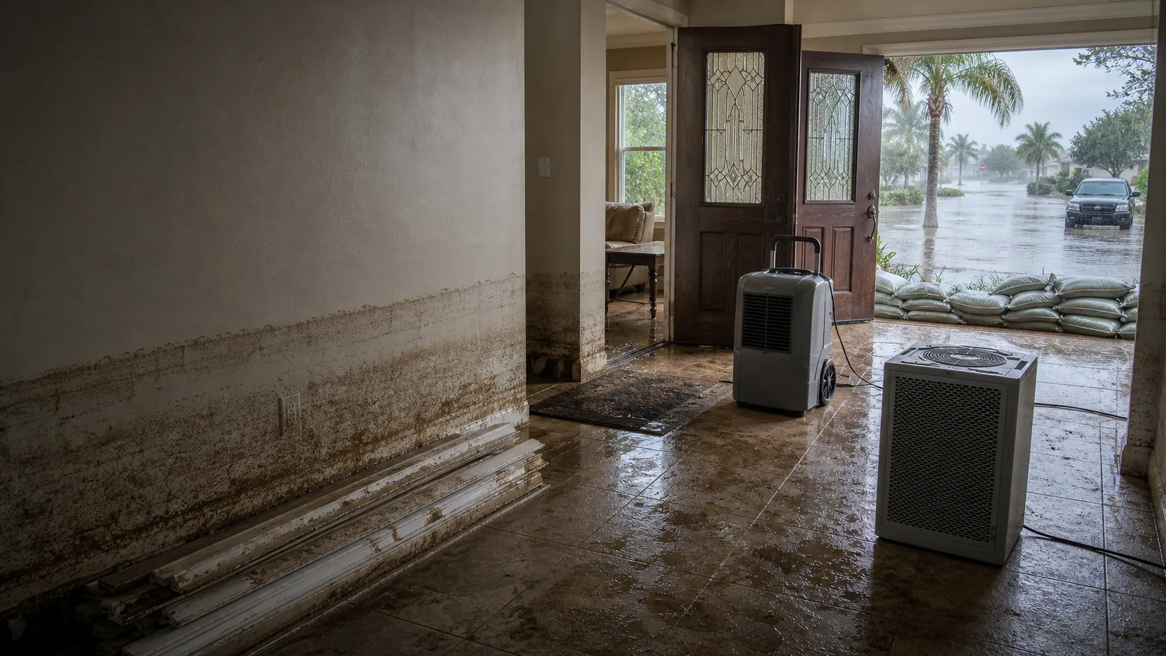 Flood cleanup equipment drying a storm-damaged Fort Myers home