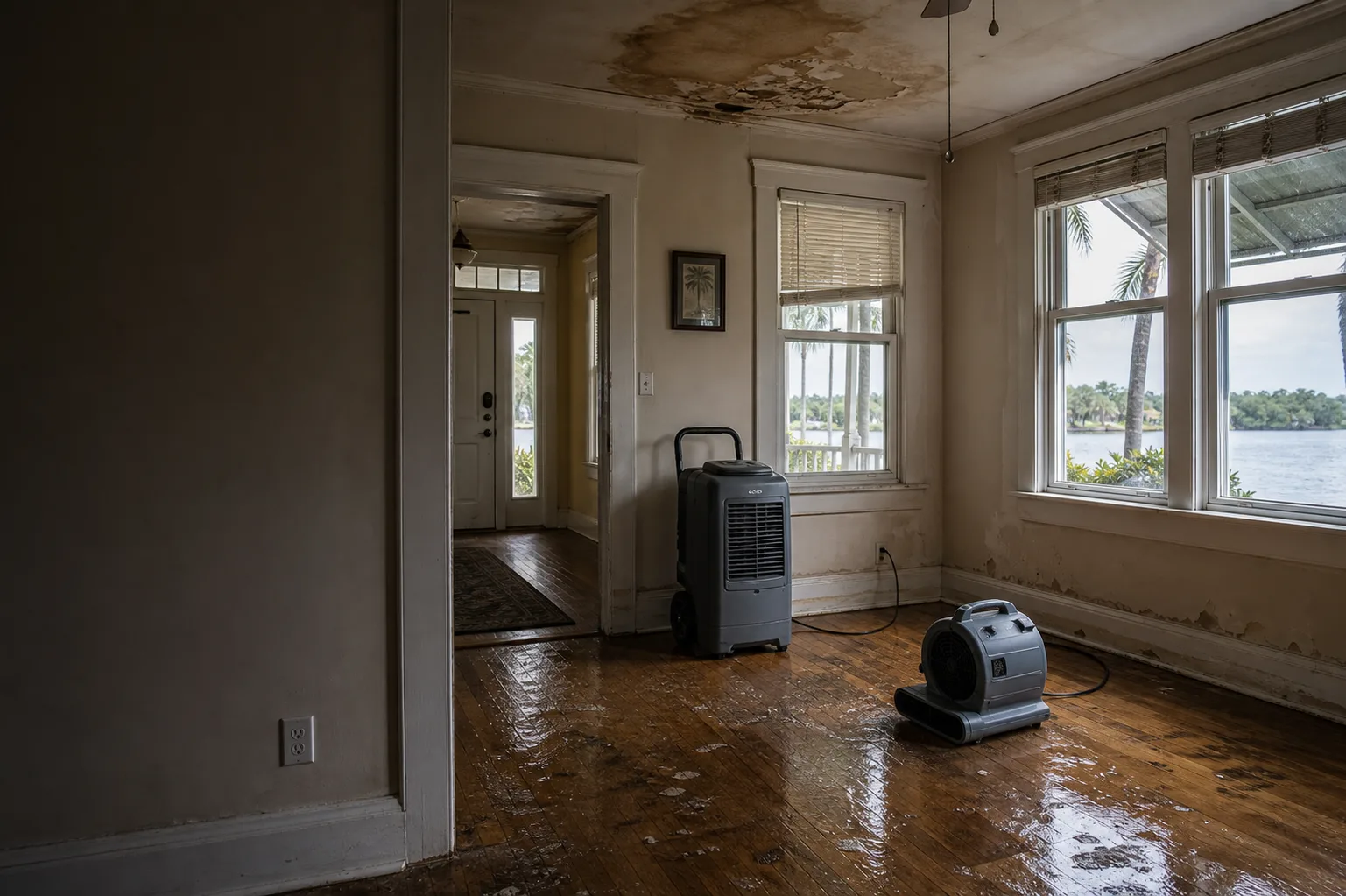 Water extraction and drying equipment in a Fort Myers living room with riverfront palms outside