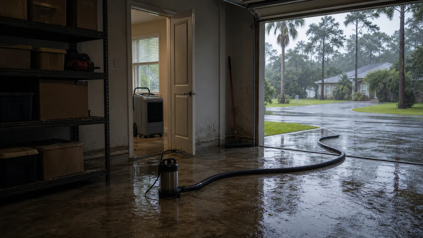 Drying equipment and extraction hose in a Lehigh Acres home during heavy rain