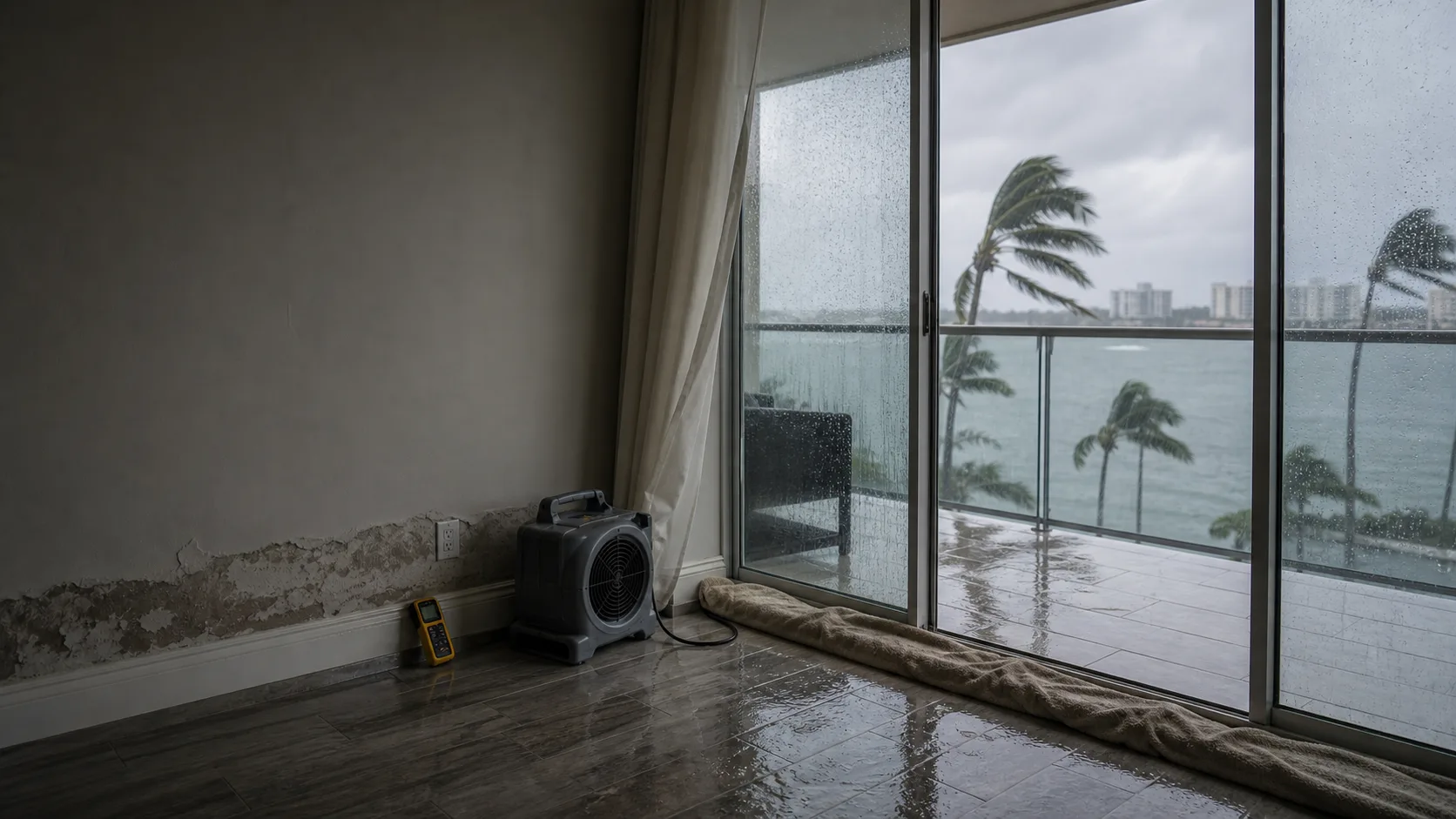 Storm water damage drying equipment inside a Sarasota coastal room