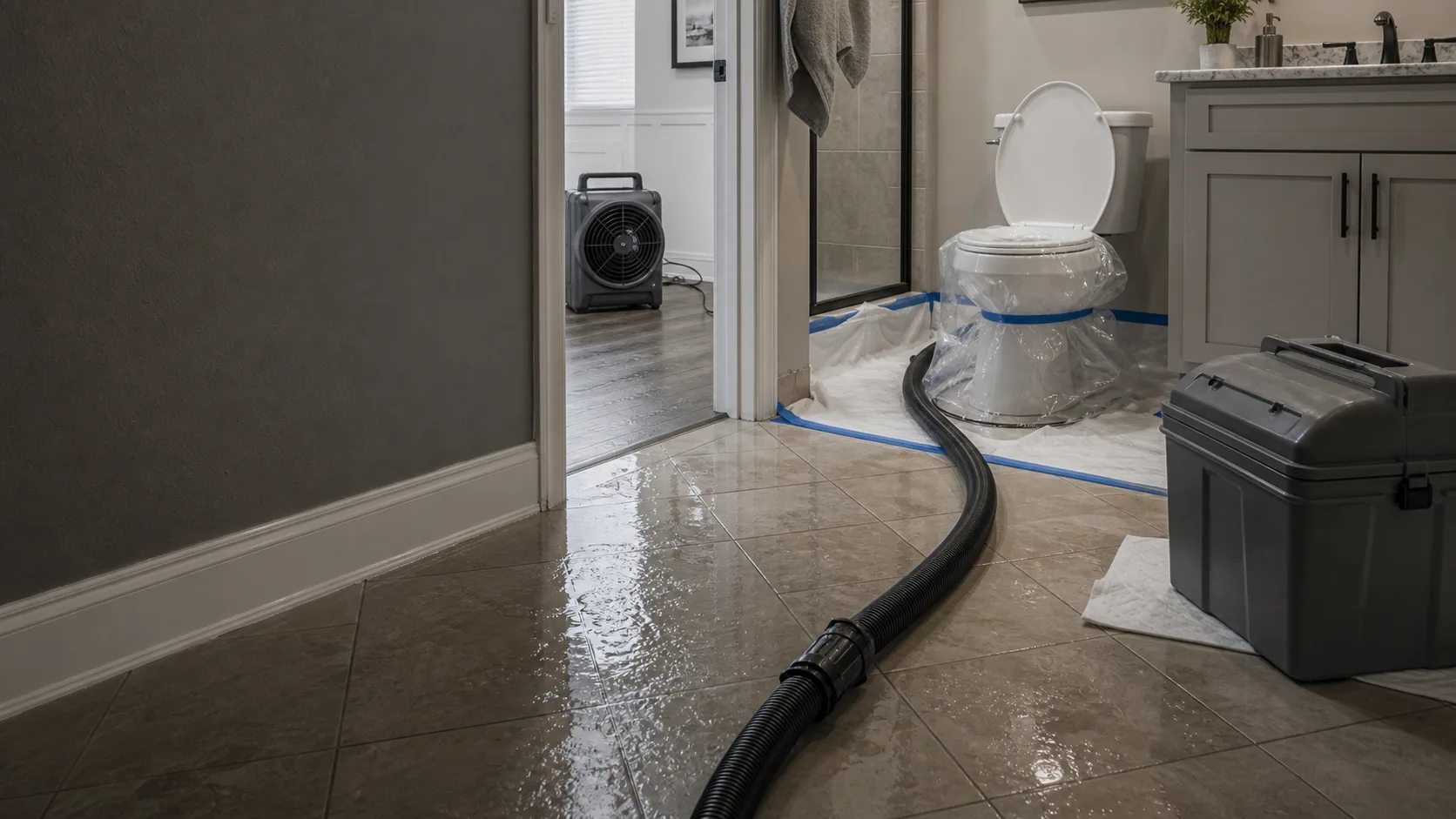 Sewage backup cleanup equipment in a contaminated Fort Myers bathroom