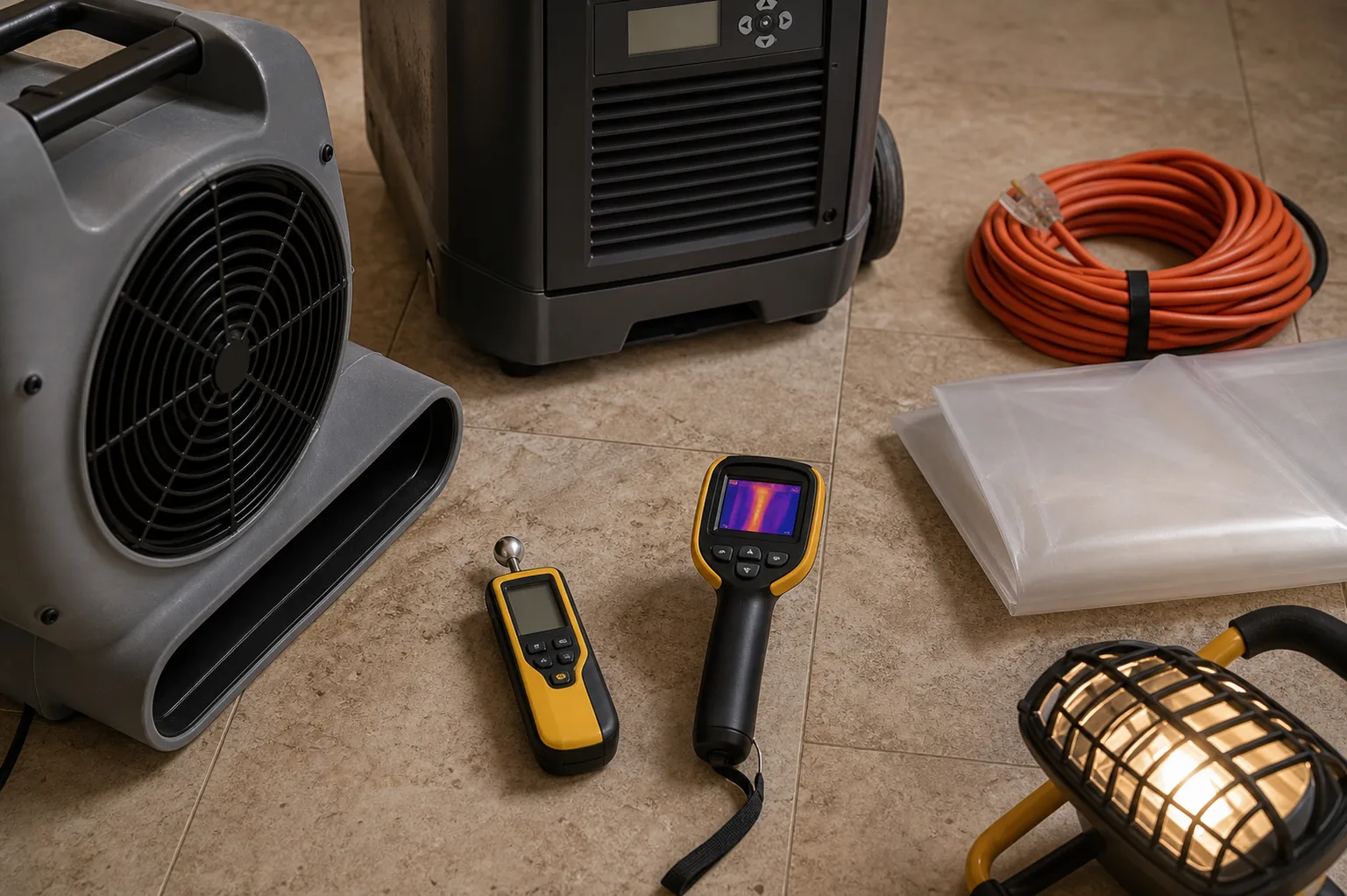 Water extraction and drying equipment set up in a Fort Myers home after water damage